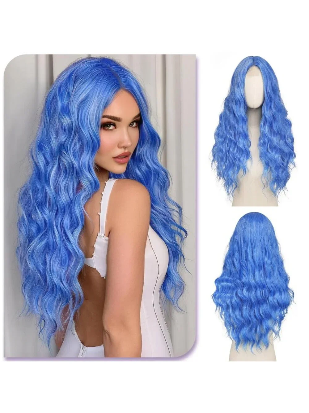 Women's Electric Blue 28 Inch Lace Front Soft Synthetic Long Wavy Curly Wigs